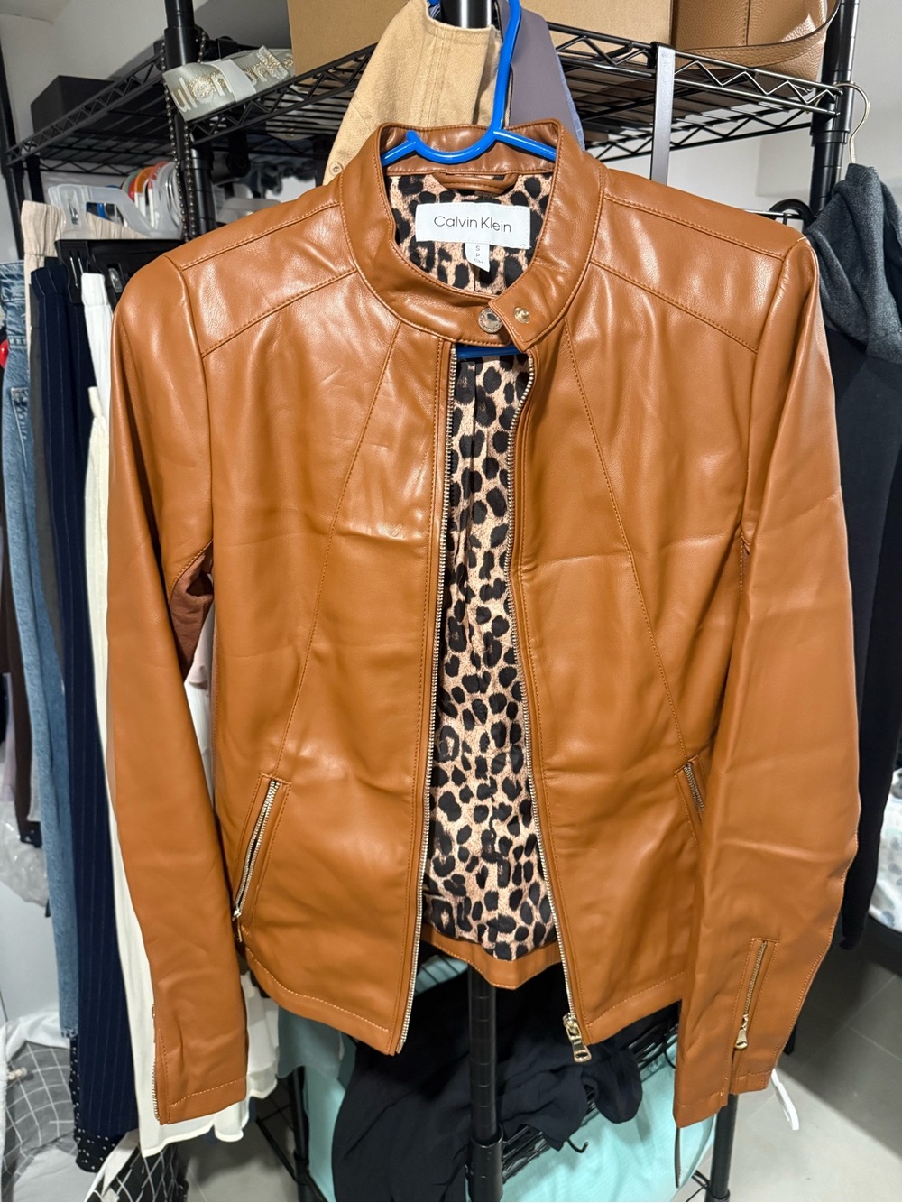 Calvin Klein Cognac Brown Leather Zip-Front Jacket